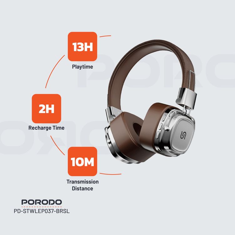 Porodo Wireless ENC Headphone PD-STWLEP037 - Vintage, Brown & Silver