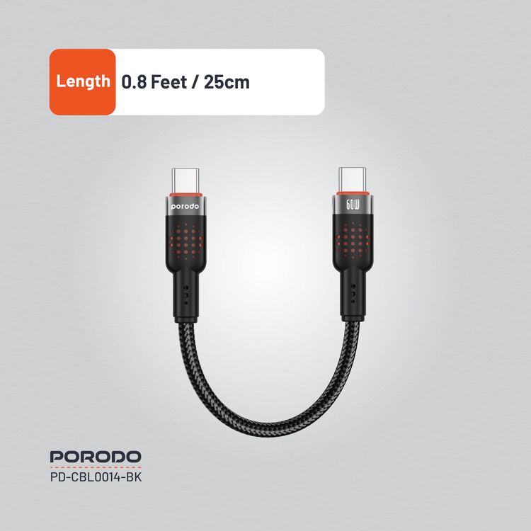 Porodo USB-C to USB-C Cable PD-CBL0014-BK - 25cm, 60W PD, Black