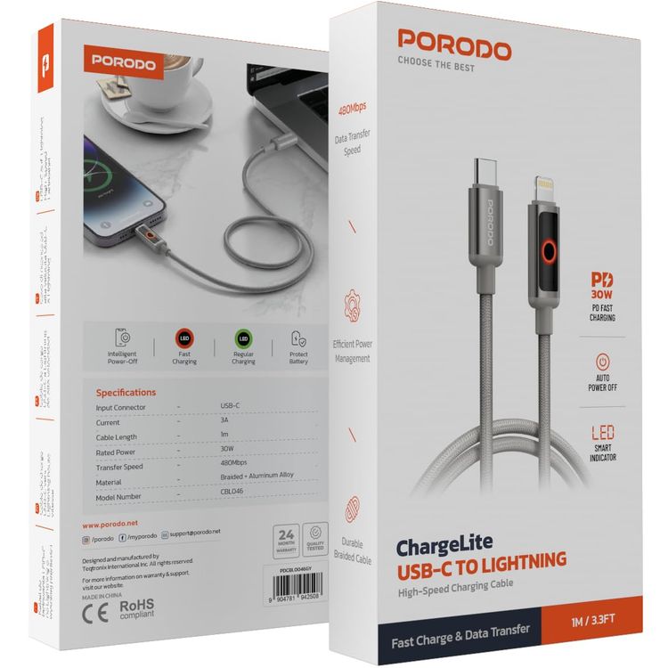 Porodo USB-C to Lightning Cable PDCBL0046GY - 30W PD, Grey