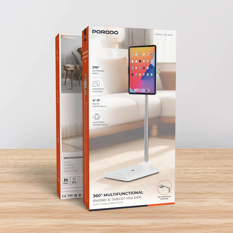 Porodo Tablet & Phone Floor Stand PDFSX10WH - Telescopic, 270° Rotation, Multifunctional
