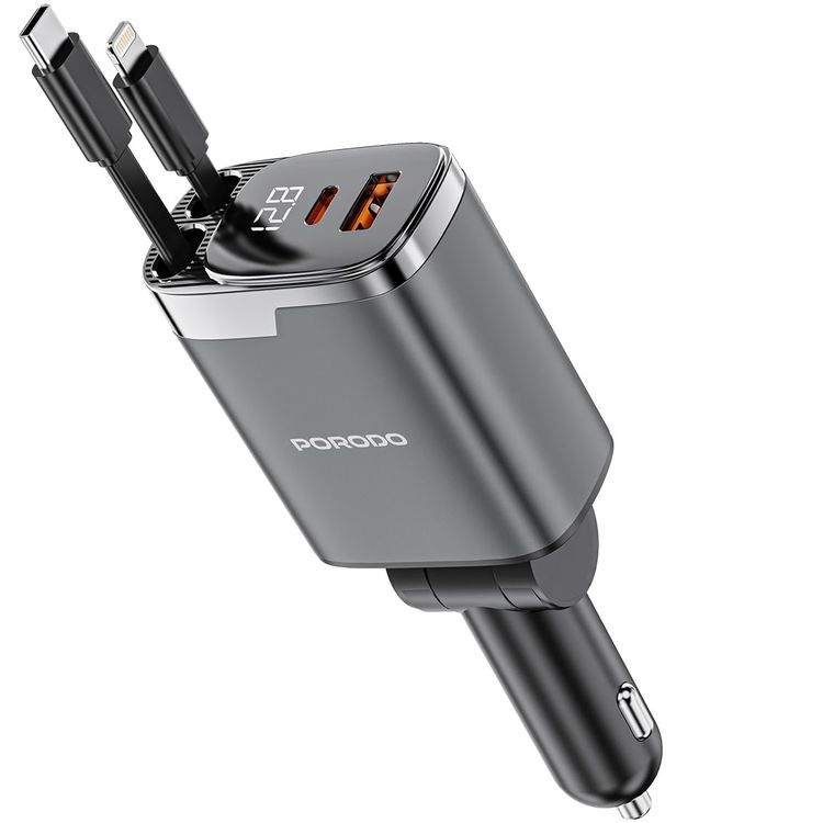 Porodo Car Charger PDC46PGY - 111W PD 45W USB-C & QC 36W USB-A, Retractable Cables