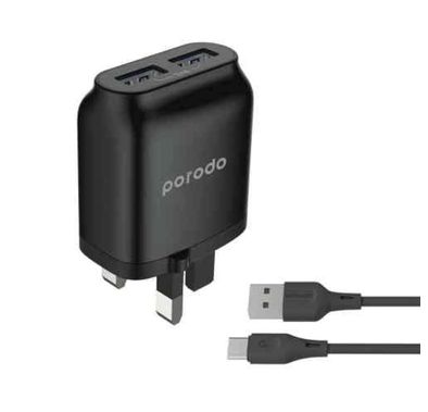 Porodo Dual USB Wall Charger PD-0203LU2-BK - Fast Charge,...