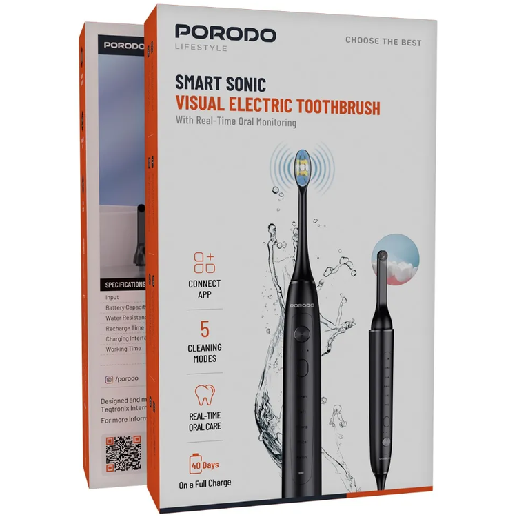 Porodo Sonic Electric Toothbrush PDLFSTETCBK - Real-Time Camera, Black