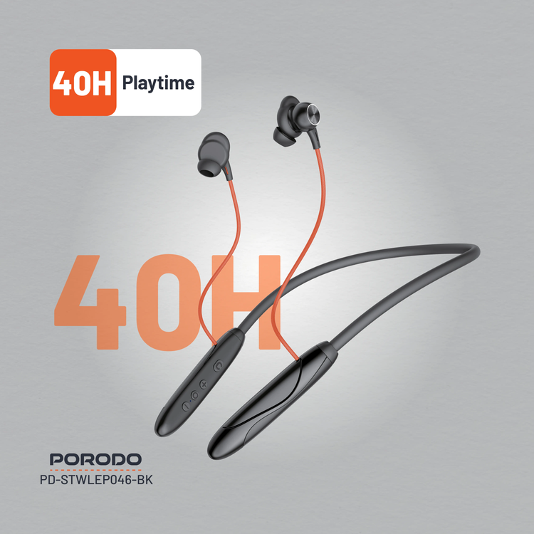 Porodo Neckband Earphones PDSTWLEP046BK - ENC, Bluetooth 5.3, Black