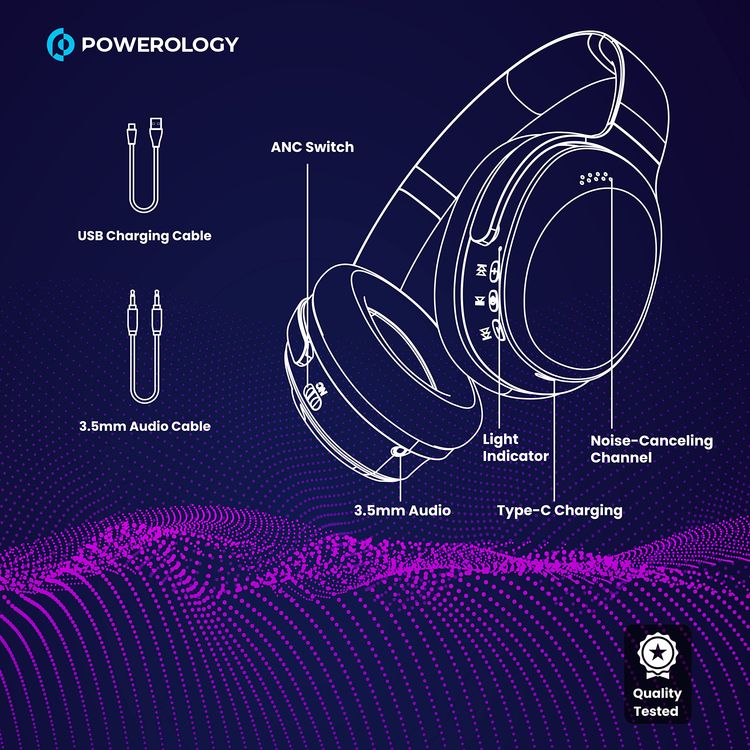 Powerology Wireless Headphones PWLAU003 - Active Noise Cancelling, Super Bass, Black