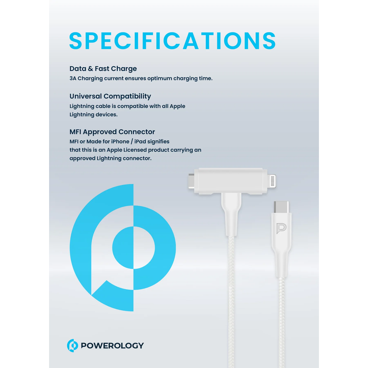 Powerology Braided USB-C to USB-C + Lightning Cable PCAB007WH - 60W PD, White