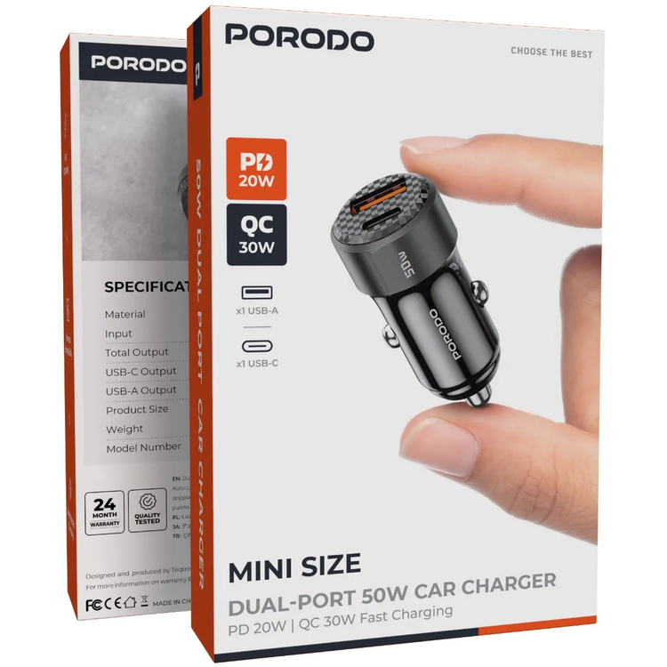 Porodo Car Charger PDCC50WBK - 50W Dual Port, Carbon Fiber Black