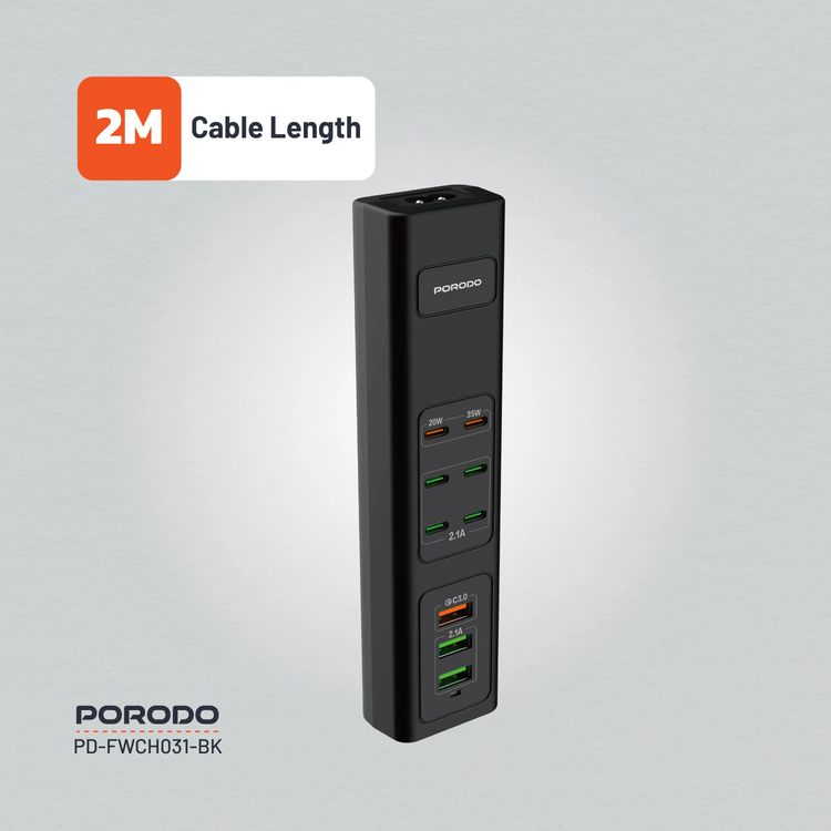 Porodo USB Charging Hub PDFWCH031BK - 85W Multi-Port, Black