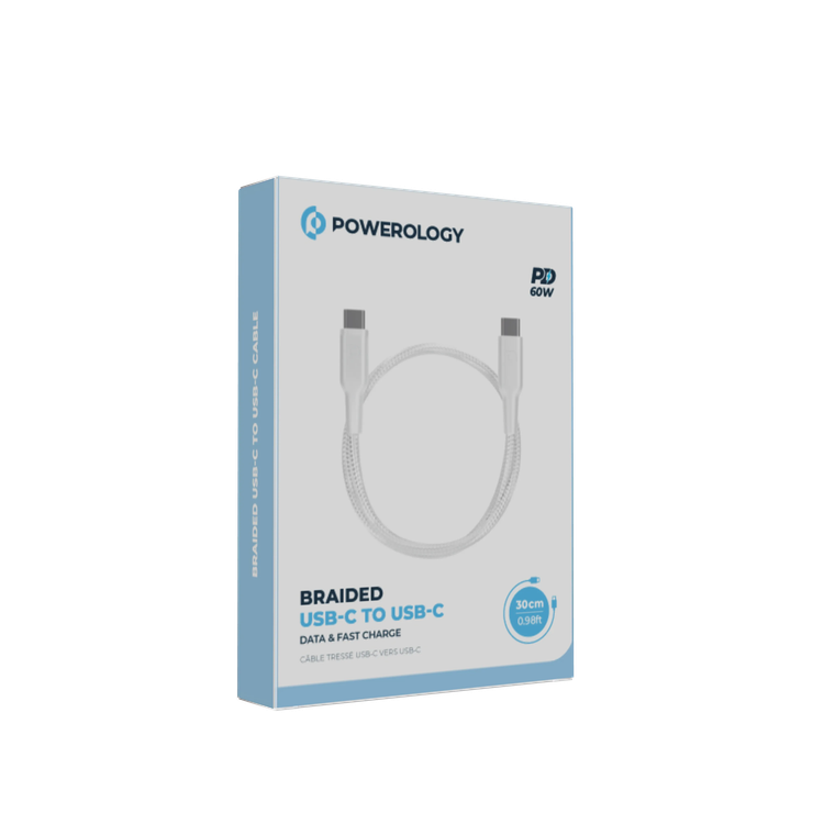 Powerology USB-C Cable PCAB008-WH - 60W PD, Braided, White
