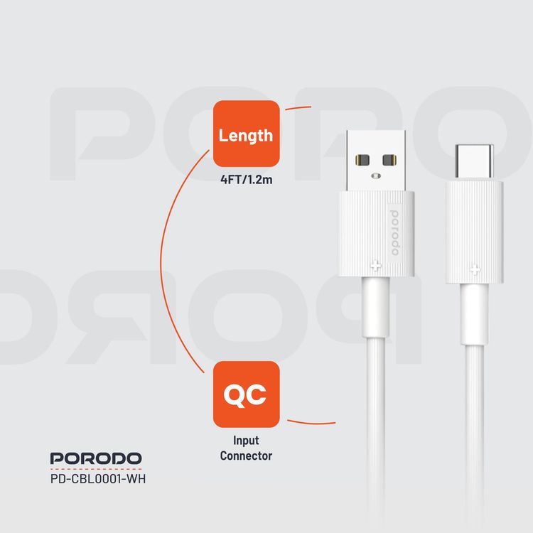 Porodo USB-A to Lightning Cable PDCBL0001WH - Fast Charging, White