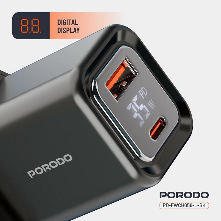 Porodo Charger PDFWCH058CBK - 35W PD GaN, USB-A & USB-C, Digital Display