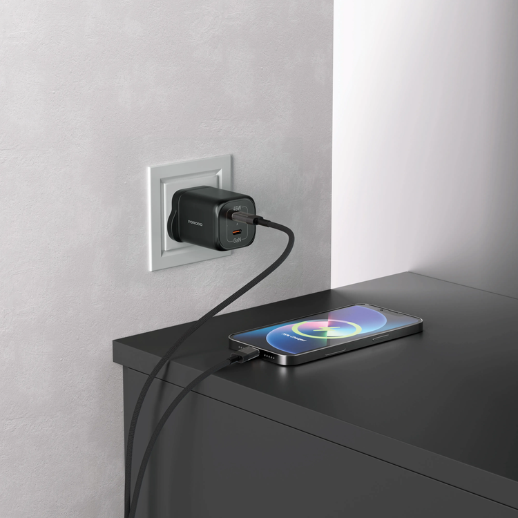 Porodo Dual USB-C Quick Charger PDFWCH064BK - 45W, Black