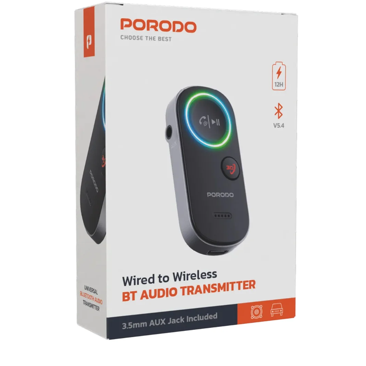 Porodo Bluetooth Audio Transmitter PD-BTRCV-BK - Wireless, Black