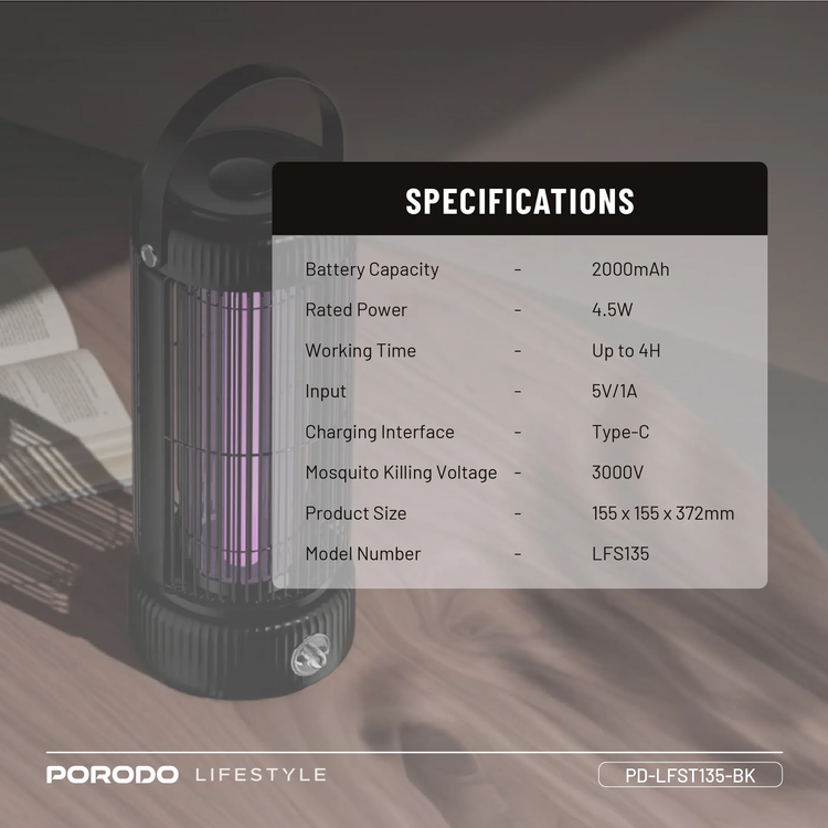 Porodo Mosquito Zapper PDLFST135BK - Portable, Black