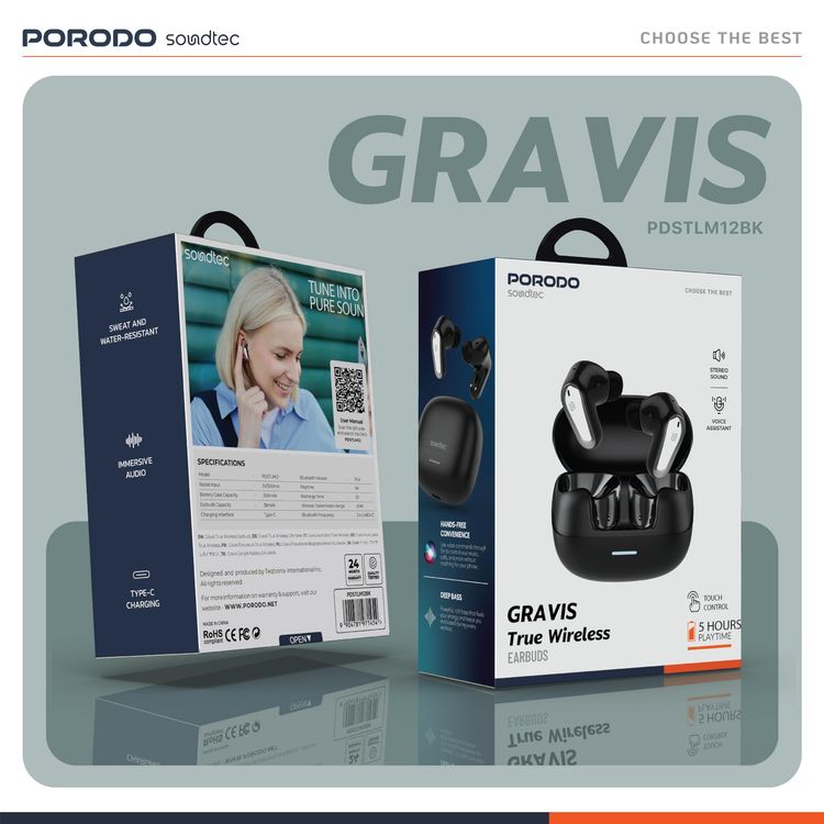 Porodo Earbuds Soundtec Gravis PDSTLM12 - True Wireless, Black
