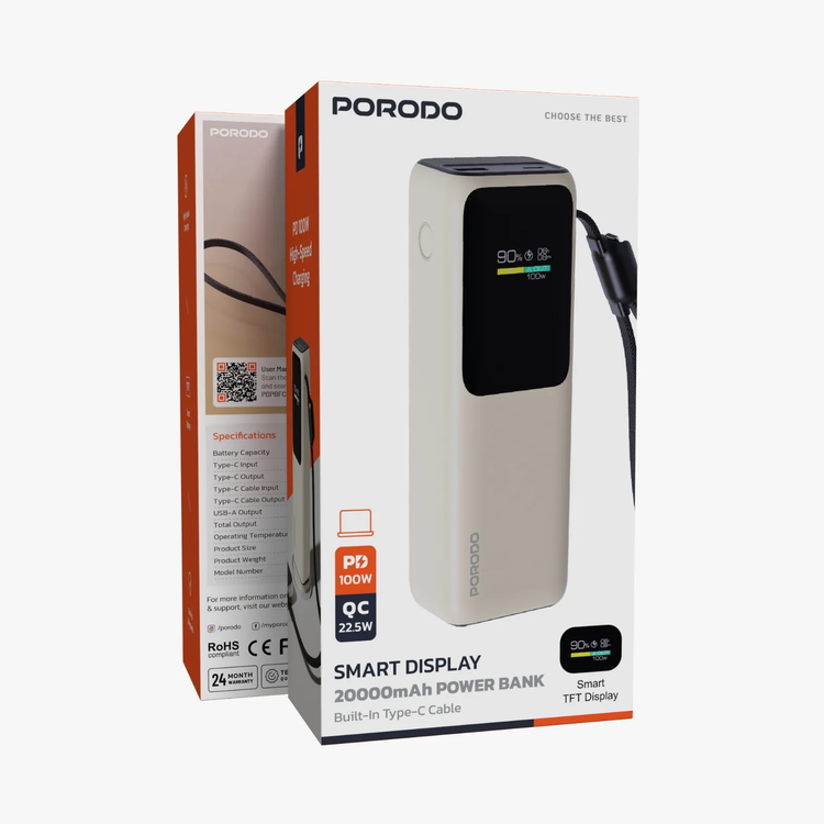 Porodo Power Bank PDPBFCH098BG - 20000mAh, Built-In Type-C Cable, Beige