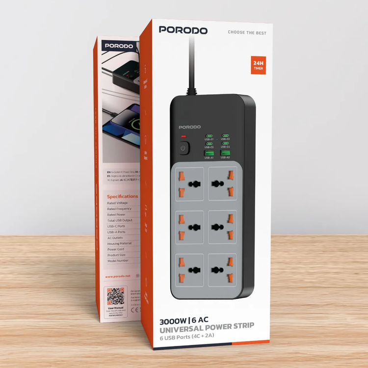 Porodo Power Strip PDFWCH100GY - 6 AC Outlets, 6 USB Ports, Grey