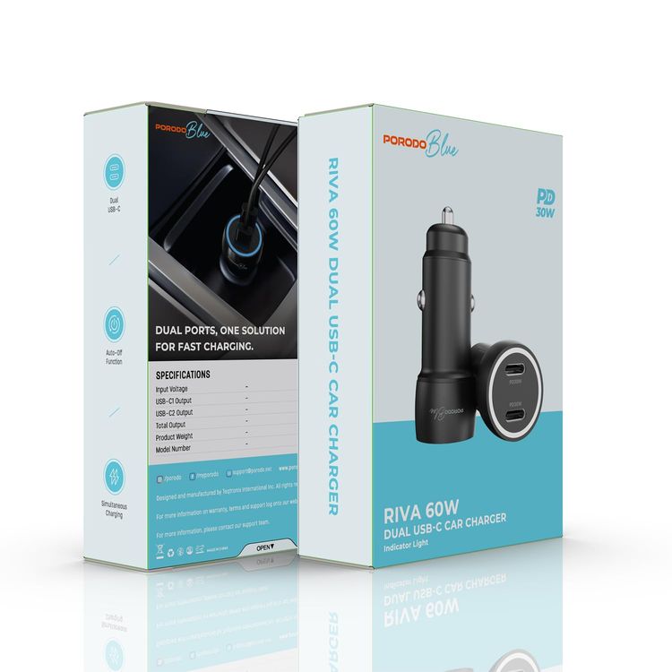 Porodo Car Charger PBCCR50BK - 60W Dual USB-C, Black