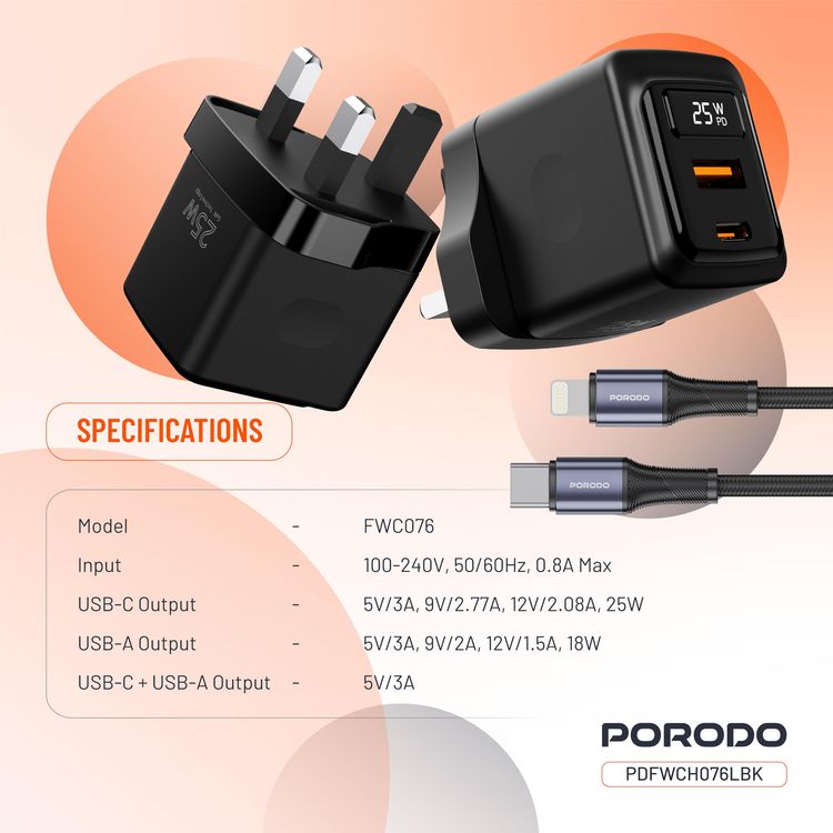 Porodo Multi-Port Charger PDFWCH073CBK - 100W GaN, 2x USB-C & USB-A, Black