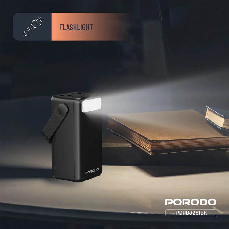 Porodo Lara 50000mAh Power Bank with Integrated Cables & Flashlight, PDPBJ281BK - Black