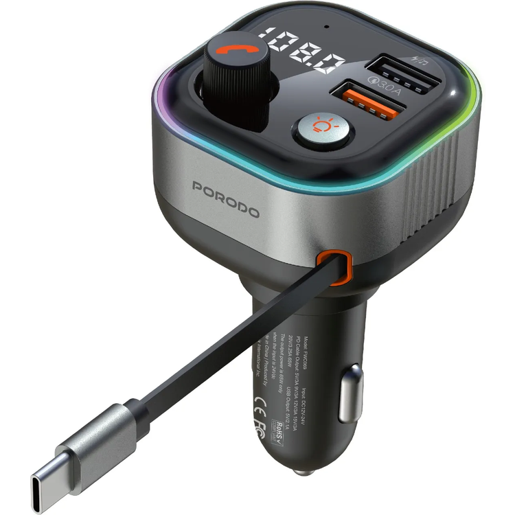 Porodo Bluetooth FM Transmitter & 65W PD Car Charger PDFWCH069DG - Retractable Type-C, Dark Gray