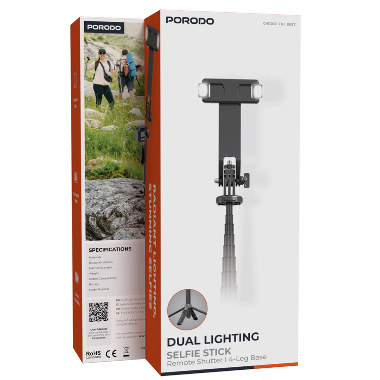 Porodo Selfie Stick PDSLSTLBK - Dual Lighting, Remote Shutter, Black