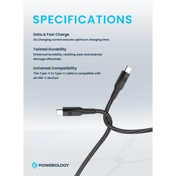 Powerology USB-C Cable PCAB008-BK - 60W PD Fast Charge, Black