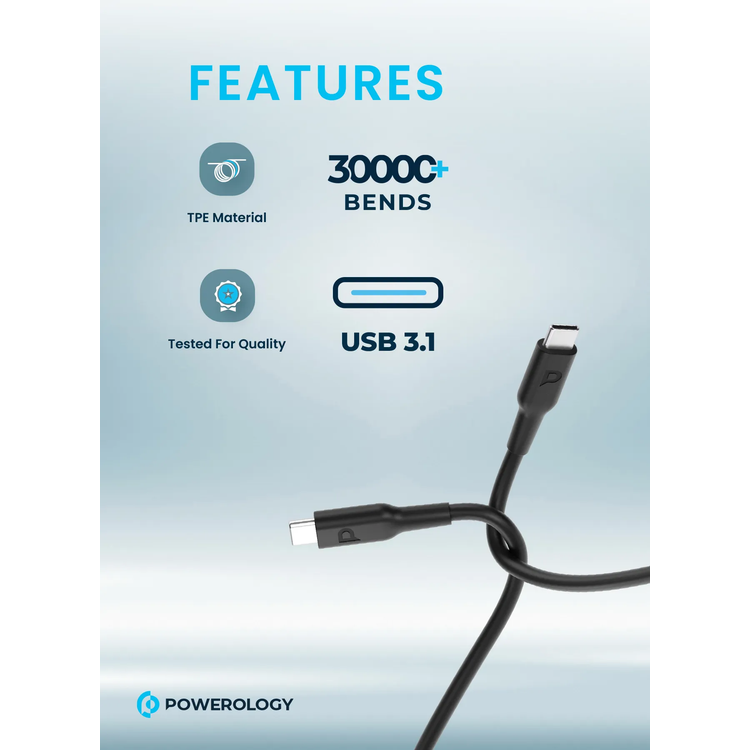 Powerology USB-C to USB-C Cable PCCPD2BK - 100W Fast Charge, Black
