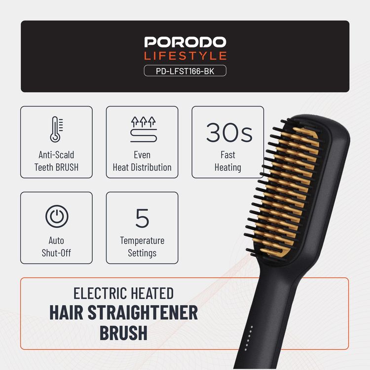 Porodo Hair Straightener Brush Lifestyle PD-LFST166-BK - 30W, 5 Temps, Black