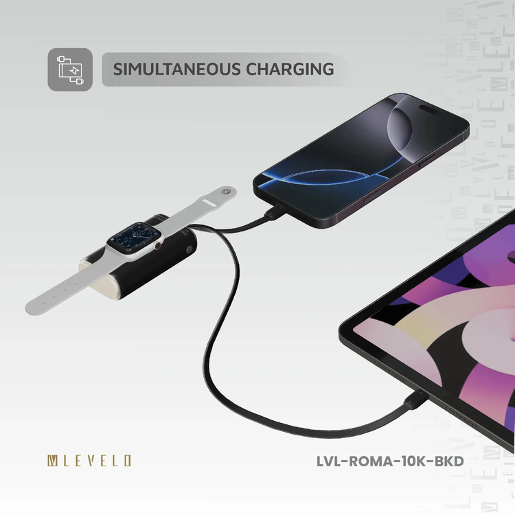 LEVELO Power Bank Roma 10000mAh - 30W PD, Apple Watch Charger, Black