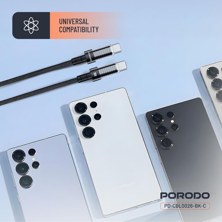 Porodo USB-C to USB-C Cable PD-CBL0026-BK - 60W PD, Braided, Black