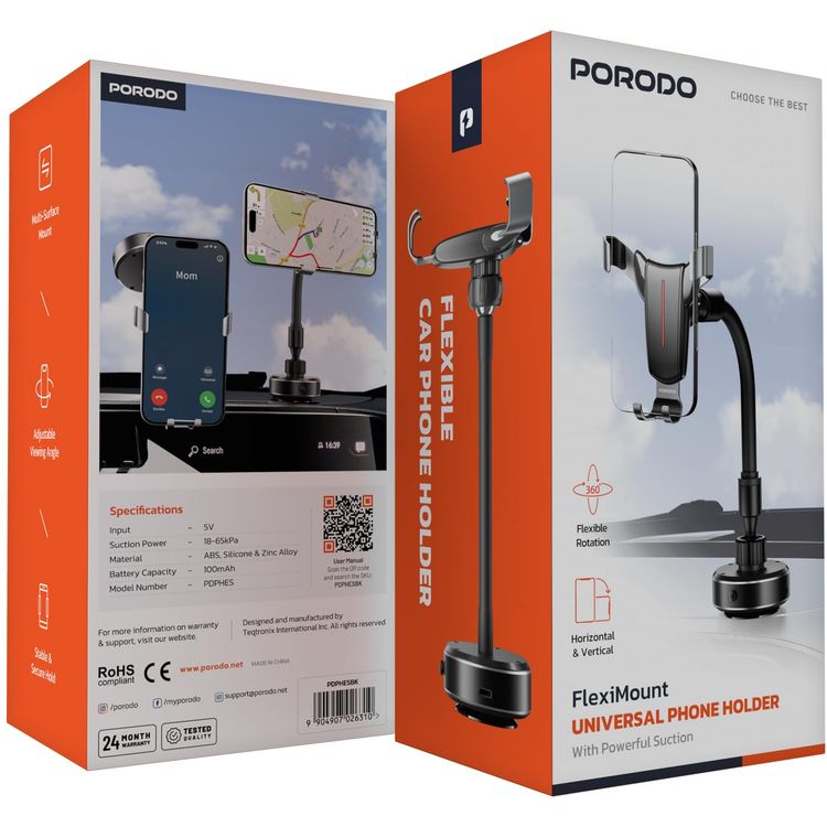 Porodo Phone Holder Fleximount PDPHESBK - Adjustable, Multi-Surface, Black