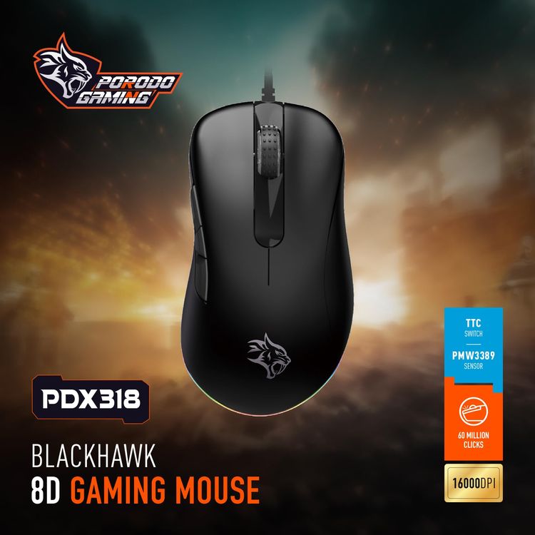 Porodo Gaming Mouse BlackHawk PDX318 - 16000 DPI, Wired, Black