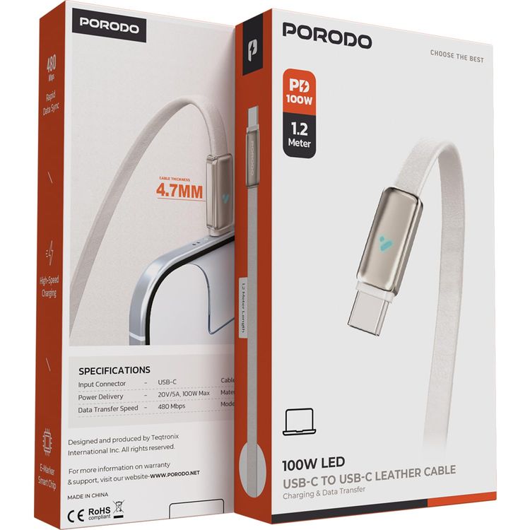 Porodo USB-C Cable PDCBL0049WH - 100W PD Fast Charge, White