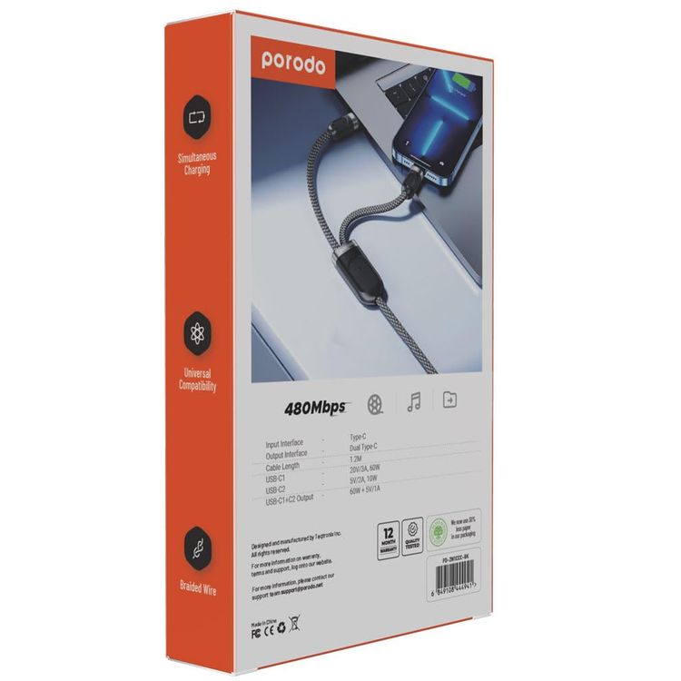 Porodo Charging Cable PD-CBL0019-BK - 2in1 Type-C, 1.2M, 60W, Black