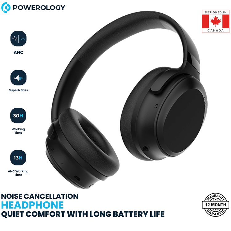 Powerology Wireless Headphones PWLAU003 - Active Noise Cancelling, Super Bass, Black