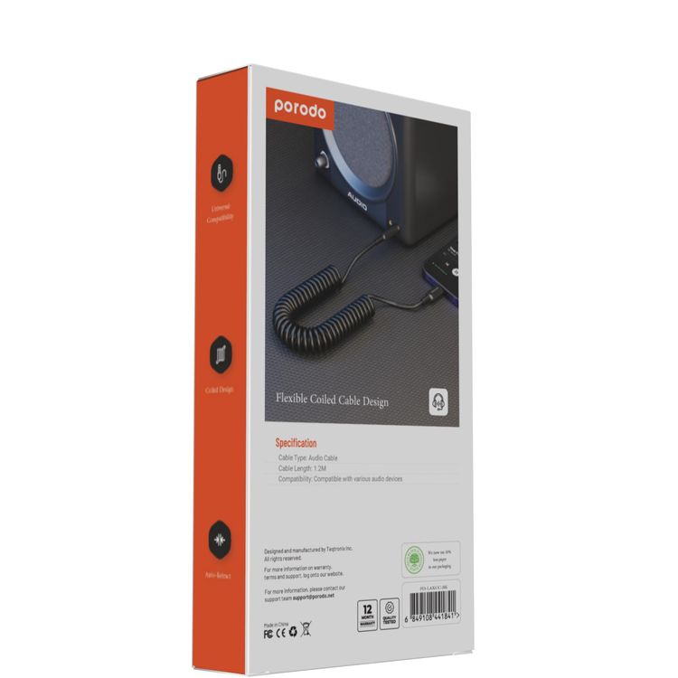 Porodo Lightning to AUX Coil Cable PD-LAXCC-BK - 1.2M, Black