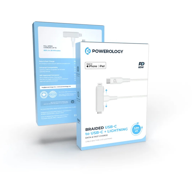 Powerology Braided USB-C to USB-C + Lightning Cable PCAB007WH - 60W PD, White