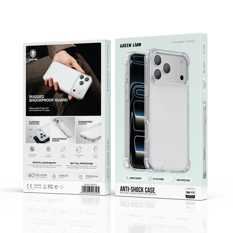 Green Lion iPhone 17/18 Pro Max Anti-Shock Case, Hybrid Protection - Clear