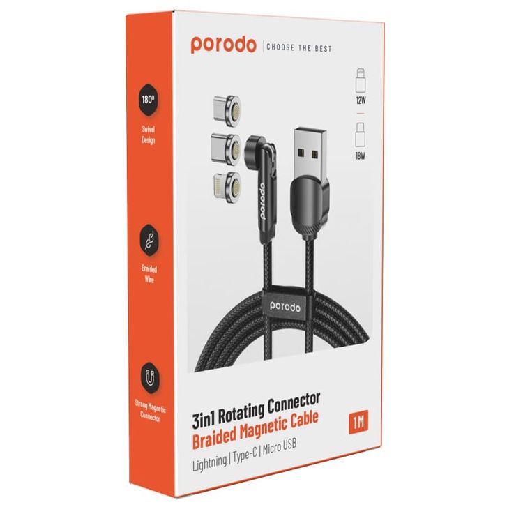 Porodo Magnetic 3in1 Braided Cable PD-31MGC-BK - Rotating Connector, Black