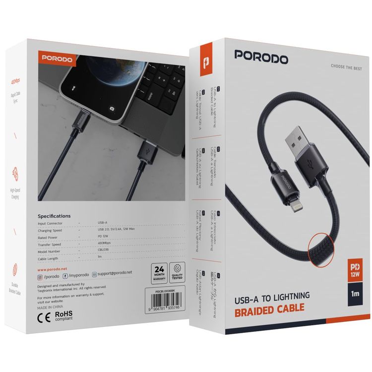 Porodo USB-A to Lightning Cable PDCBL0036BK - 1m Braided, Fast Charging