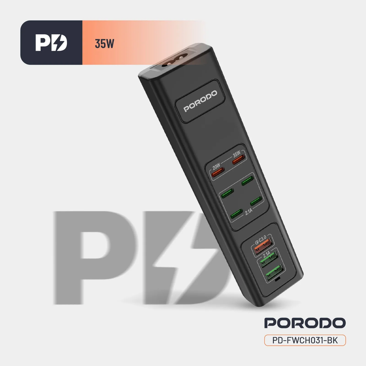 Porodo USB Charging Hub PDFWCH031BK - 85W Multi-Port, Black