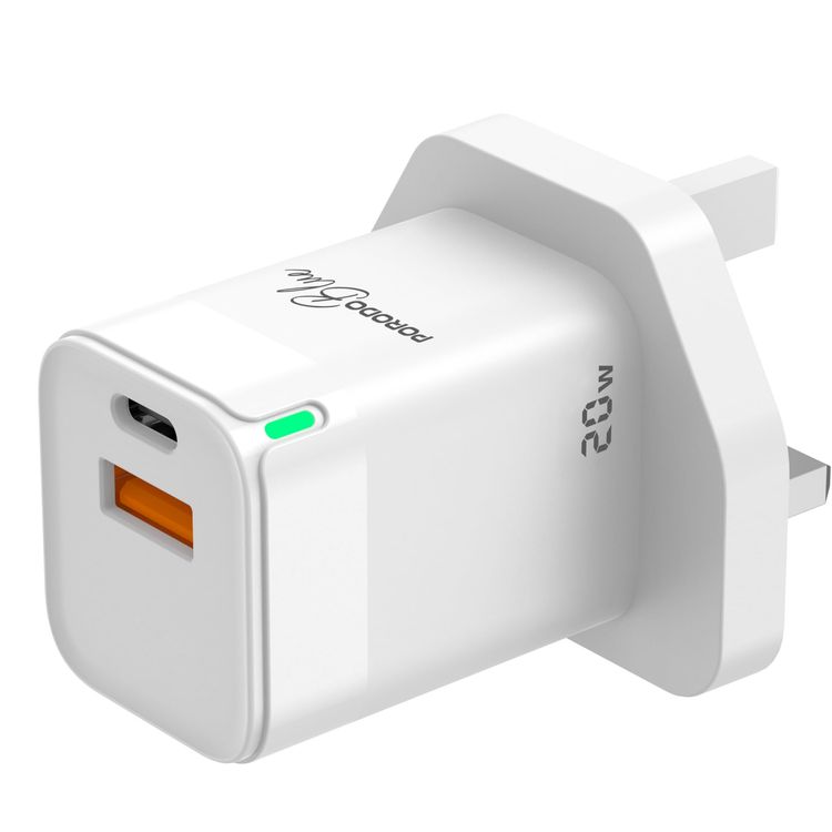 Porodo Blue Ultra-Quick 20W Wall Charger, 1*PD Type-C & 1* QC Type-A Ports, PBFWCH036WHC - White