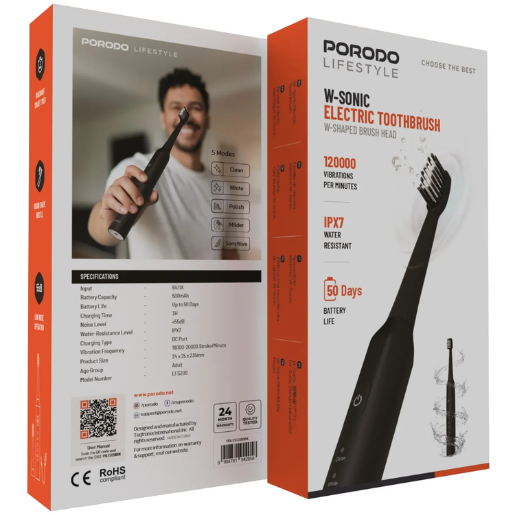 Porodo Electric Toothbrush PDLFST200BK - Sonic, 5 Modes, Black
