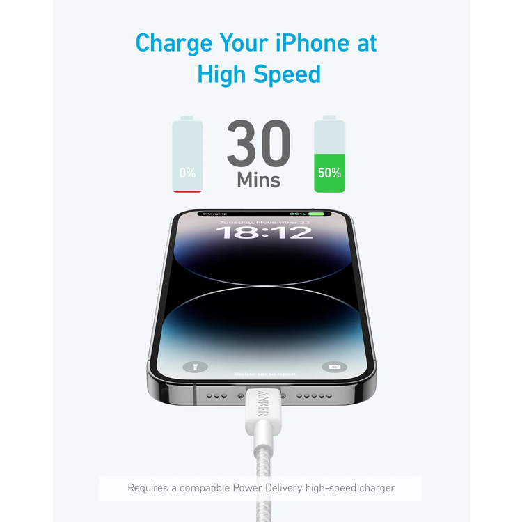 Anker USB-C to Lightning Cable A81B5H21 - 3ft Braided, White