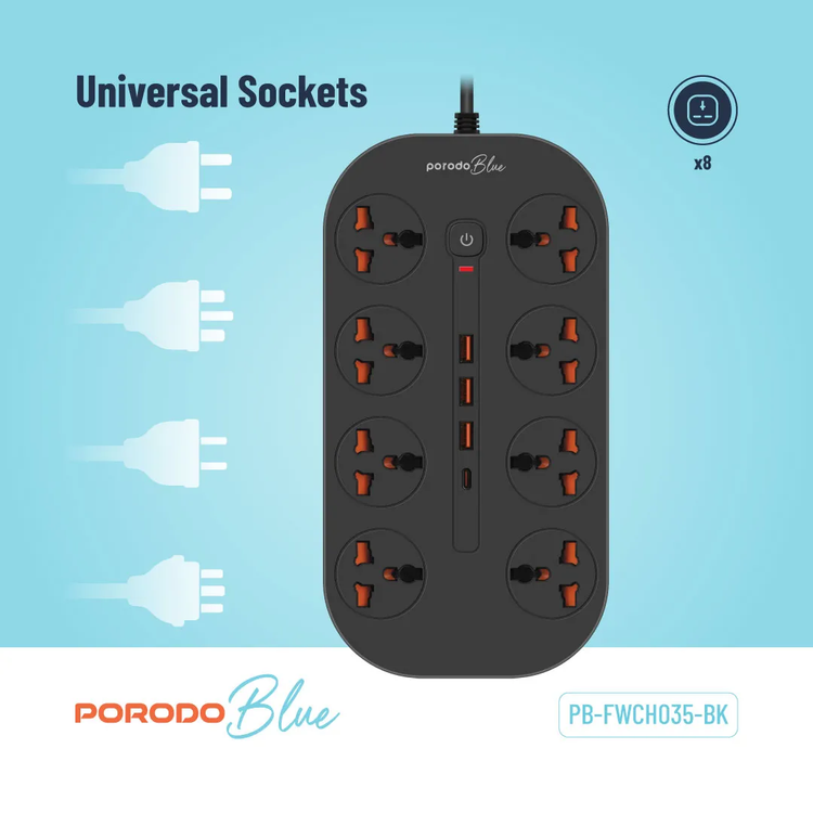 Porodo Power Strip PBFWCH035BK - 8 AC Outlets, USB-C & USB-A, Black