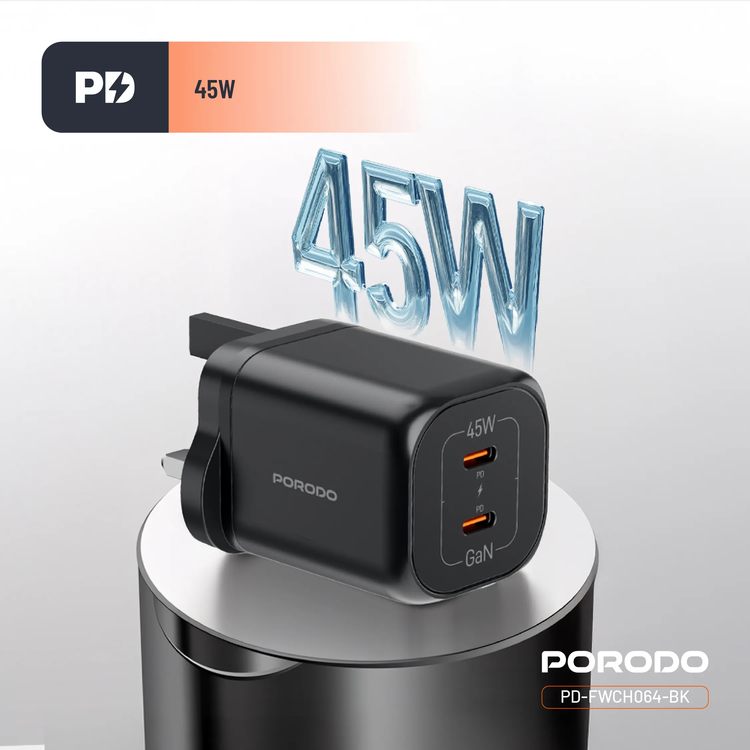 Porodo Dual USB-C Quick Charger PDFWCH064BK - 45W, Black
