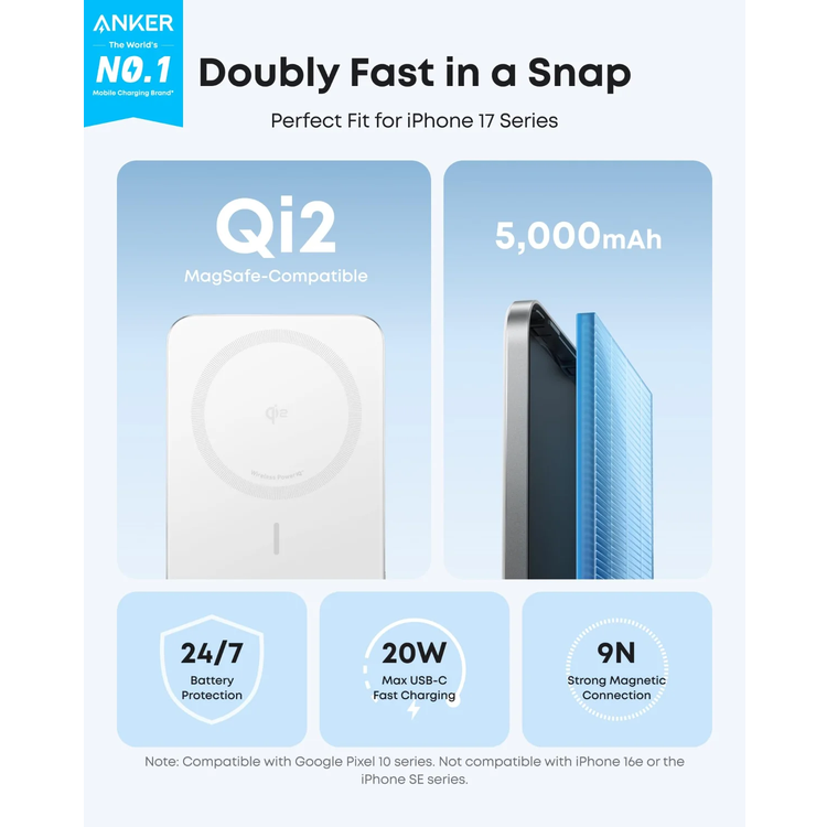 Anker باور بانك MagGo A1665 - 5000mAh 20W لاسلكي، أبيض
