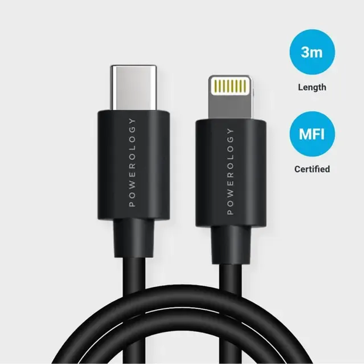 Powerology USB-C to Lightning PD Cable P3BCLBK - 3m, Black