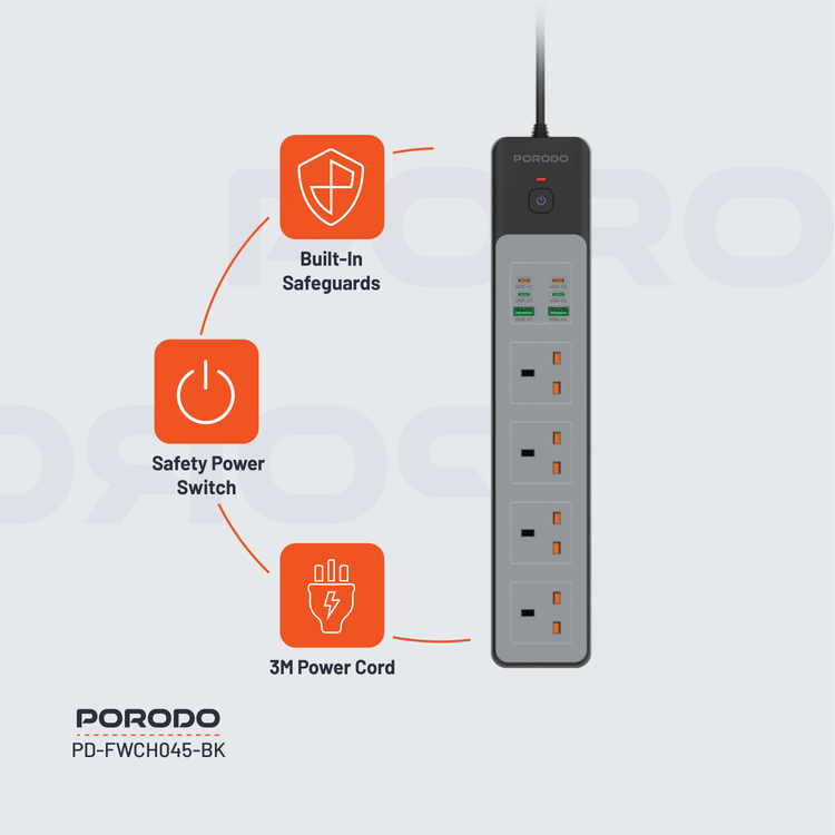 Porodo Power Strip PD-FWCH045-BK - 4AC 65W 3000W, Black